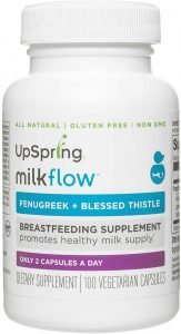 Milkflow Fenugreek Lactation Supplement Capsules with Blessed Thistle for Breastfeeding by UpSpring Baby, 100 Count Pills for Breastmilk Supply, 1800 mg